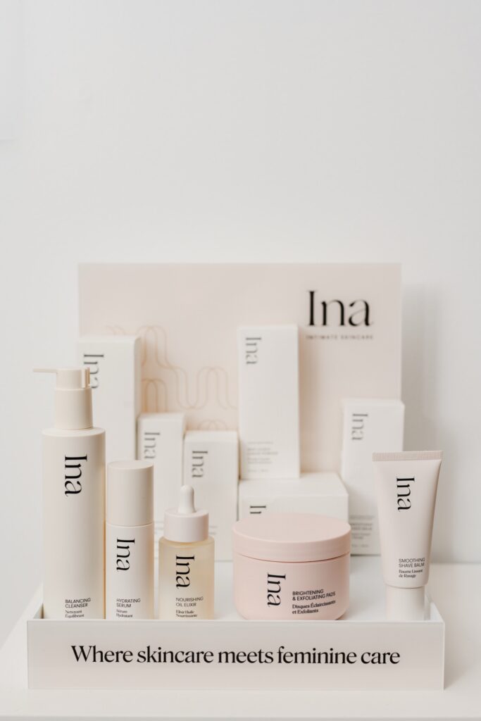 Skincare products on a white display